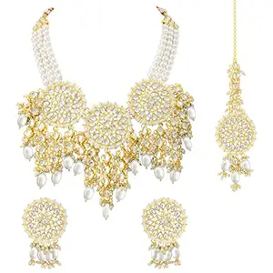 Peora Gold Plated Traditional White Kundan Studded Necklace Jewellery Set for Women