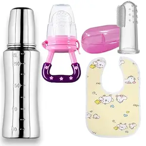 RB POINT Combo of Finger Brush+Bottle+Baby Bib+ Food/Fruit Nibbler Feeding Bottle for Milk & Water
