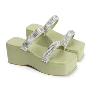 SLEEK STEP Women's Synthetic Casual Slip-On Two Strap Open Toe Sandal For Girl (Color:-Green,Size:-36)