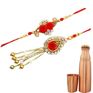 PIEPOT Rakhi Set for Brother | Lumba Rakhi for Bhabhi & Bhai with Gift Green Copper Water Bottle 1ltr with Glass & Roli Chawal