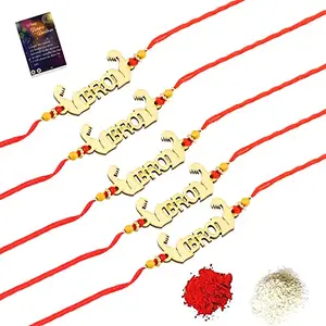 Stylish Bhaiya Rakhi " BRO" Designer Pendent For Bhaiya/Brother/Bhai With Roli Chawal with And 1 Greeting Card Pack of 5-721