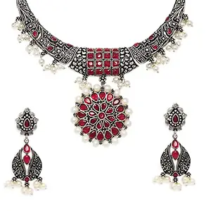 OOMPHelicious Jewellery Oxidised Silver Look Alike Maroon Stones & Pearls Ethnic Choker Necklace Set with Drop Earrings For Women & Girls Stylish Latest (NEJAM7_CC1)