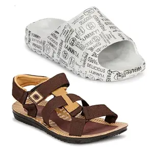 Liboni Mens Comfort Flip- Flops, Grey Hawaii Slippers & Brown Sandals Combo Pack of 2 (8)