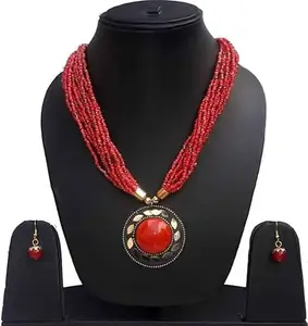 WORLD WIDE VILLA Oxidised Silver Earring & Necklace Set For Women Pack of 1 Red || WWV_Necklace Set20