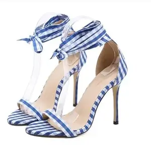 GLO GLAMP Women's and Girl Open Toe Lace Up Blue Pattern Design Pencil Heel Sandals (Size_39)