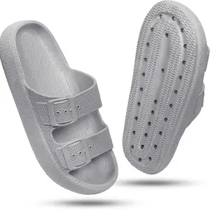 Double Buckle Sandals Adjustable EVA Comfort Flat Waterproof Rubber Cloud Slides Slippers for Women(Grey-3)