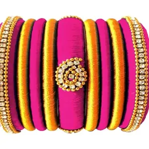 HARSHAS INDIA CRAFT New Hand Made Silk Thread Plastic Base Metal Pearl Bangles set of 9 bangles D-pink -Gold (size-2/2)