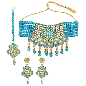 Golden Grace Fashion Jewellery Indian Bollywood Traditional Turquoise Trendy Designer Wedding Jewellery Choker Necklace Set in Gold Tone for Women.