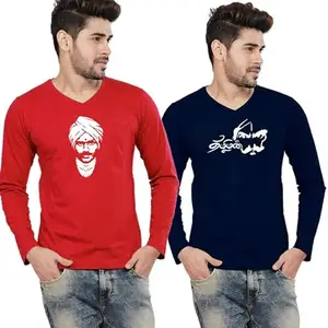 Touch Me Fashions Stylish Mens Cotton Tshirt Tamil Bharathi Combo Full Sleeve V Neck Red and Navy Blue Combo Tshirt