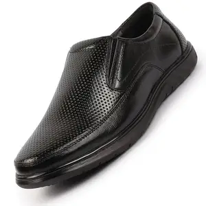 FAUSTO FST KI-490 BLACK-40 Men's Black Genuine Leather Textured Formal Slip On Flat Heel Shoes for Office|Work|Broad Feet Formal Shoes (6 UK)