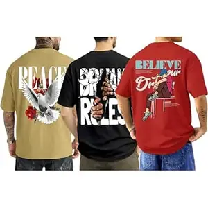 ENCIGER Men's Oversized Cotton T-Shirt Pack | Drop Shoulder Graphic Printed Casual Streetwear Combo | Baggy Hip-Hop Tshirts