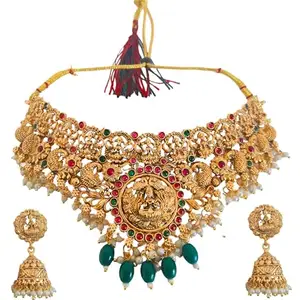 Latest South Indian Designe With Peacock Designer With Goddess Lakshmi Pendent With Green Beads Gold Plated Temple Necklace And Matching Earings Jewellery Set For Womens
