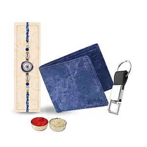Relish Rakhi Gift Hamper for Brother |Blue Leather Wallet, Keychain & Rakhi Combo Gift Box| Rakhi Wallet Combo | Raksha Bandhan Gift Set