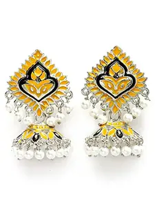 Karatcart Silver Plated Yellow Meena Jhumki Earrings for Women