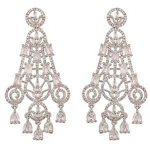 Ratnavali Jewels Brass Silver Plated White American Diamond Stone Dangler Drop Stylish Wedding Fashion Earrings For Women Girls