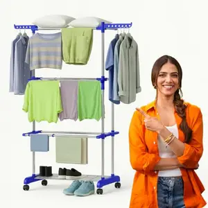 PRO HOME Stainless Steel 3 Layer Stand for Clothes Drying Stand | Cloth Dryer Stand with Mobility Wheel | Foldable Wings | Anti Rust Steel Metal | Blue