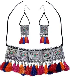 WORLD WIDE VILLA Oxidised Silver Earring & Necklace Set For Women Pack of 1 Multicolor || WV_Set05