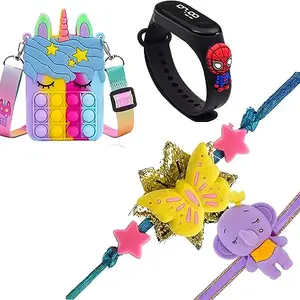 brown leaf Pack Of 4 Kids Rakhi With 1 Beautiful Pop-it Purse With 1 Led Watch For Brother Sister With Tilak Pack (Style 5)