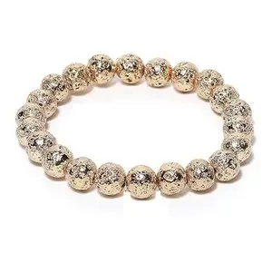 QUEEN-GEMS Premium Gold Lava Stone Bracelet, Metallic Textured Beads, Handmade Stretch Round Beads 8mm Golden Lava Bracelet Original Certified Volcano Bracelet For Astrology Wearing