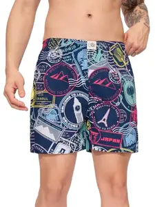 The Souled Store Wanderlust Men and Boys Pull On Blue All Over Printed Cotton Boxer Shorts