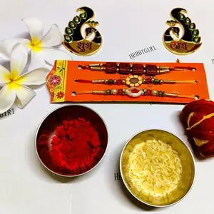 Herbigiri Set of 3 Designer Rakhis for Brothers – Traditional Rakhi Combo with Roli Chawal