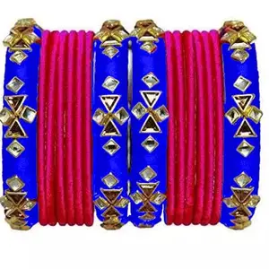 HARSHAS INDIA CRAFT Silk Thread Bangles New Model Plastic with Pink Bangle Set For Women & Girls (Royal Blue) (Pack of 16) (Size-2/4)