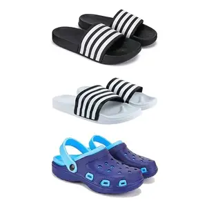 DRACKFOOT Lightweight Classic Slider || Sandals with Clogs for Men-Combo(3)-3024-3026-3019-8 Blue