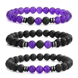 RIOMTRIC Beaded Bracelets for Men Women Healing Stretch Round Bead Crystal Gemstones Couples,Best Friends,Mom Daughter Bracelets Family Gifts 3 SET (Purple)
