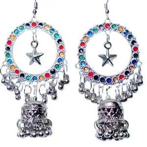 Earring for Girls and Women Round Shape Silver Metal Oxidised Multi Colour Jhumka