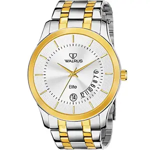 Walrus Silver Dial Analog Day Date Function Stainless Steel Chain Wrist Watch for Men with Push Button Lock
