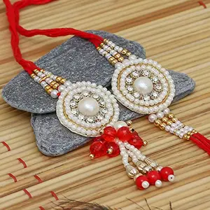 eCraftIndia Bhaiya Bhabhi Rakhis Set with Roli Chawal Pack and Raksha Bandhan Greeting Card - Rakhi for Brother, Bhaiya, Bhai - Lumba Rakhi for Bhabhi, Sister