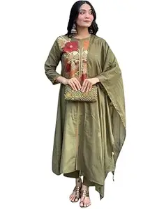 Women’s Olive Green Embroidered Kurta Set with Dupatta | Floral Thread Work Ethnic Kurta Palazzo Set |Traditional Outfit