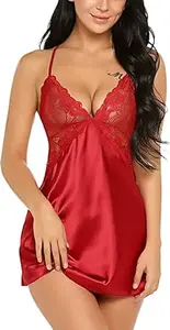 ZXS STYLE Women's Babydoll Lingerie with Lacy Cups & Stylised Back Floral Above Knee Honeymoon Night Dress (Red, Small)