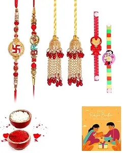 Clocrafts Two Bhaiya Bhabhi Rakhi and Two Kids Rakhi Gift Set With Greeting Card and Roli Chawal for Tilak-2BB2KS171