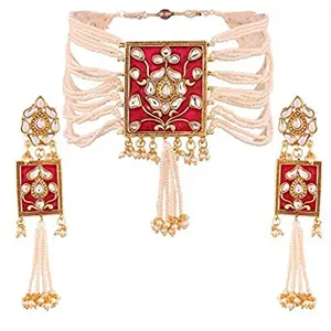 Amazon Brand - Anarva Gold Plated Traditional Padmavati Pearl & Kundan Meenakari Necklace Jewellery With Earrings For Women (ML118Q)