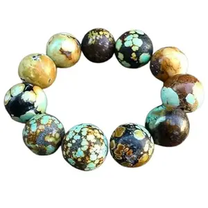 Lady Works Natural American Spiderweb Turquoise 16mm Round Shape Smooth Cut Beads 8 Inch Stretchable Bracelet For Men & Women. Unisex Bracelet For Healing, Meditation, Prosperity & Luck|LW_BRST_00309_8.0