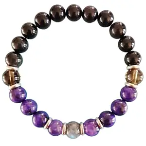 Lady Works Natural Amethyst With Multi Gemstone 8mm Round Shape Smooth Cut Beads 8 Inch Stretchable Bracelet For Men & Women. Unisex Bracelet For Healing, Meditation, Prosperity & Luck|LW_BRST_00555_8.0