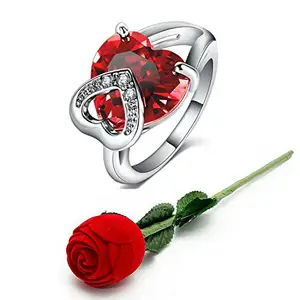 Jewels Galaxy Valentine Gift Sparkling Red Love Heart Crystal Fascinating Silver Ring with Fancy Velvet Rose Ring Box Jewellery For Women & Girls (JG-RNBX-9914_S7)