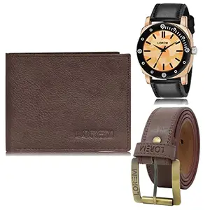 LOREM LOREM Mens Combo of Watch with Artificial Leather Wallet & Belt FZ-LR52-WL12-BL02