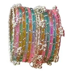 Kashmiri Ghungroo & Multicolour Glass Bangles Set for Women | Raindrop Bangles with Golden Beads & Crystal | Traditional Festival Wedding Chudi | Pack Of 16, size 2.6