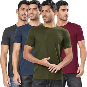 London Hills Men's Cotton Blend Regular Fit Solid Round Neck Half Sleeve T-Shirts - Pack of 4