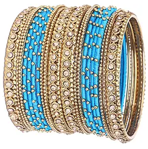 ZULKA Get your traditions Metal with Zircon Gemstone and Silk Thread Worked and Ball Chain Linked Glossy Finished Bangle Set For Women and Girls, (Blue_2.4 Inches), Pack Of 20 Bangle Set