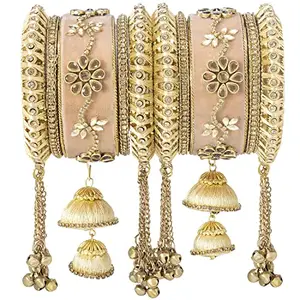 Peora Cream Velvet Silk Thread Floral Design with Dangling Jhumki Beads Bangle Set Jewellery for Women
