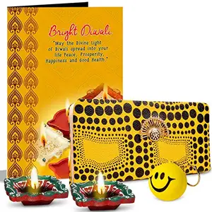 Alwaysgift Bright Diwali 2 Diyas, Ladies Wallet, Smiley Keychain,s & Greeting Card Hamper