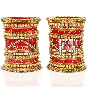 BRIDAL GARNISH BRIDA GARNISH Red Photo Name Chuda: with Silver kundan and Beads Work for Every Girl, Woman, and Bride" (Style 3, 2.8)