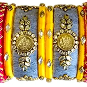 Blue jays hub Silk Thread Bangles New kundan Style Yellow And Pink Pink Yellow And Gray color Set Of 8 for Women/Girls (2-4)