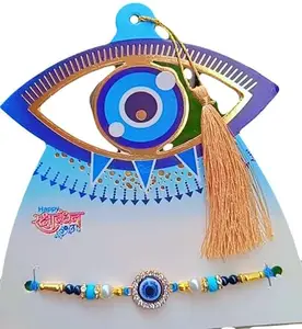 Evil Eye Rakhi with Beaded Bracelet, Blue and Gold, Traditional Design