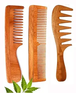 Rufiys Wooden Comb for Women & Men Hair Growth | Neem Wood Comb | Wide Tooth Hair Comb | Dandruff Comb (Pack of 3)