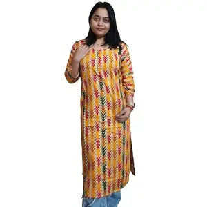 SANGRITI Women's Ethnic Cotton Multi Coloured Printed Straight Kurta – Regular Fit, Round Neck, 3/4th Sleeves, Buttoned Front
