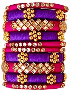Blue jays hub Silk Thread Bangles New kundan Style Purple And Pink color Set of 10for Women/Girls (2-8)